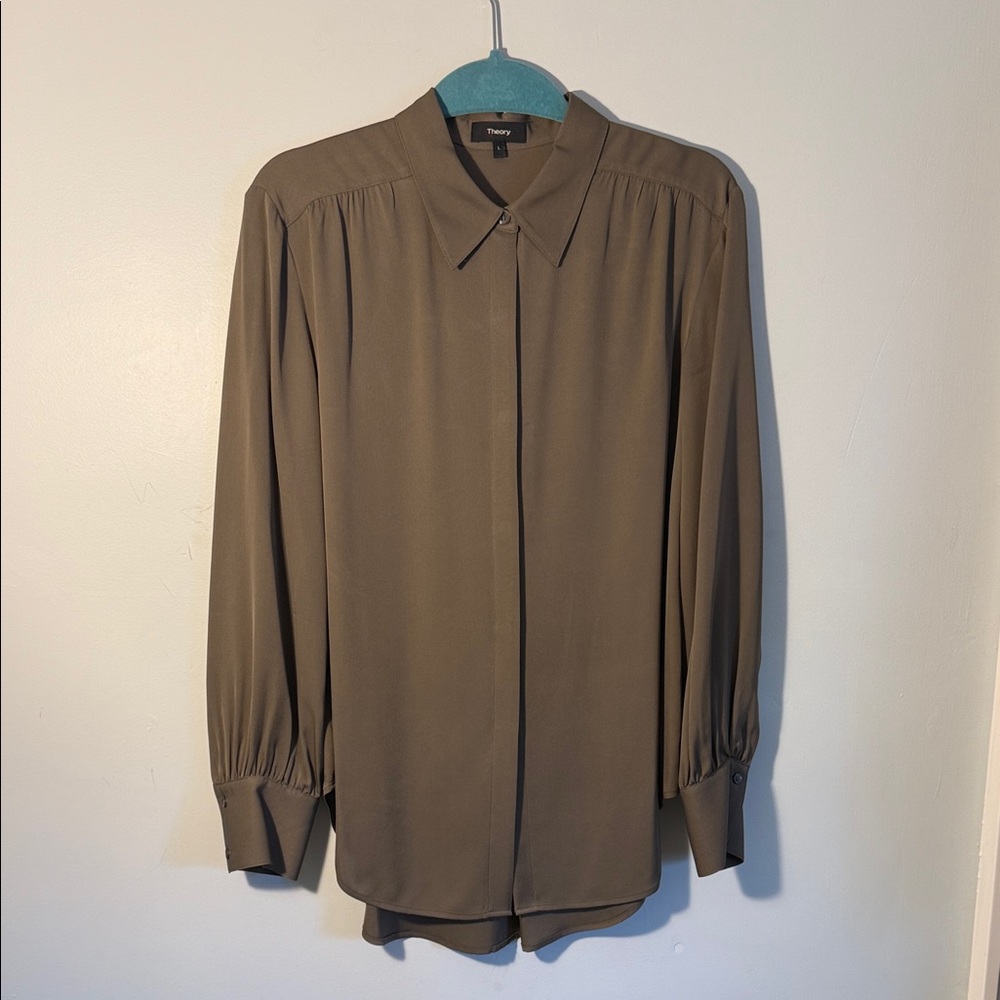 Theory Olive Silk Button-Up Shirt